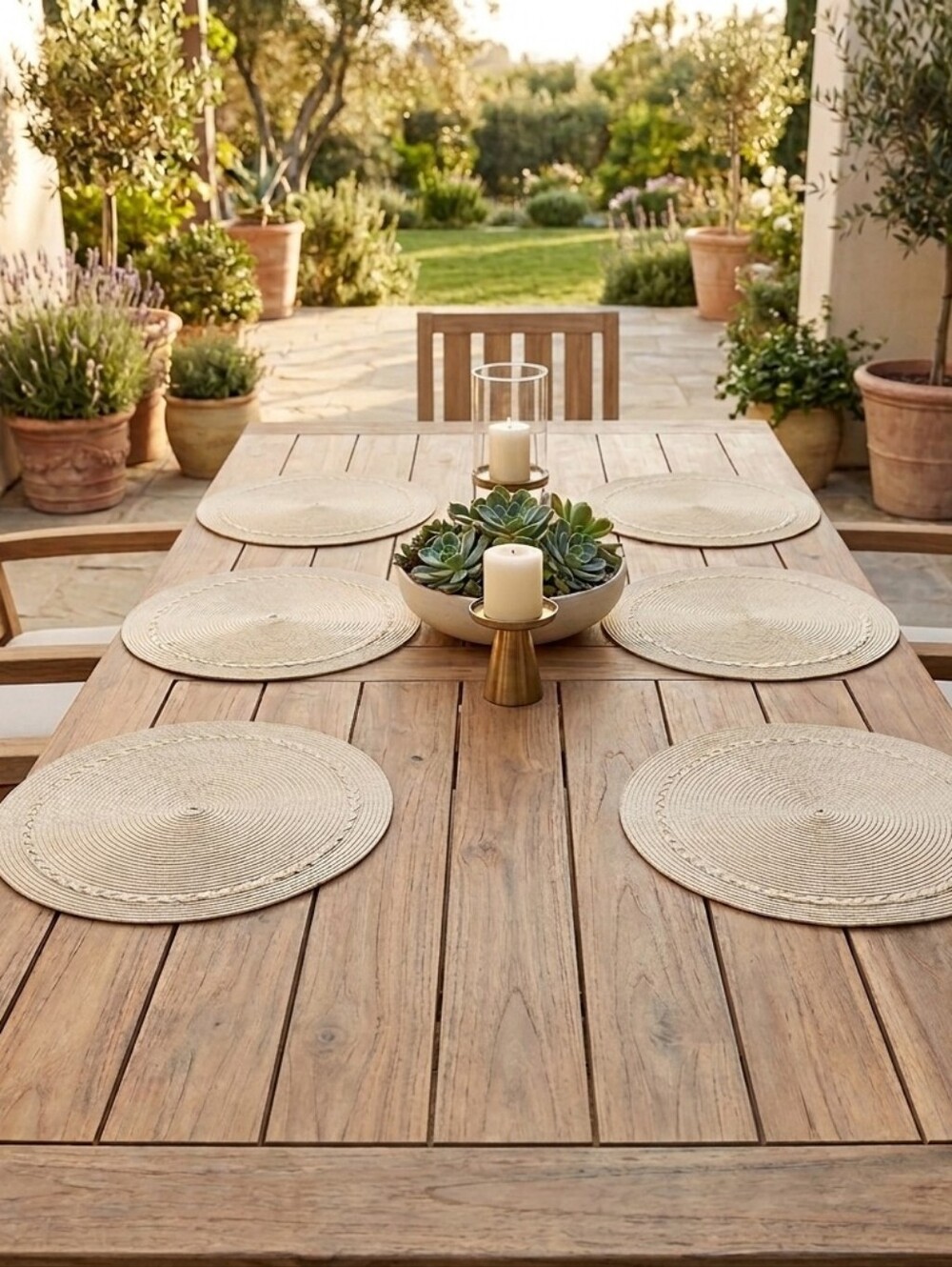 Set of 6 Round Braided Placemats 15" Champagne Beige Rustic Woven Table Mats